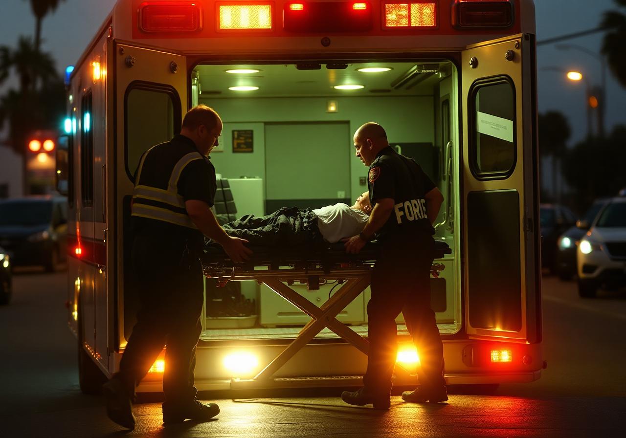 Paramedics loading an injured person on a stretcher into an ambulance at dusk in Los Angeles
