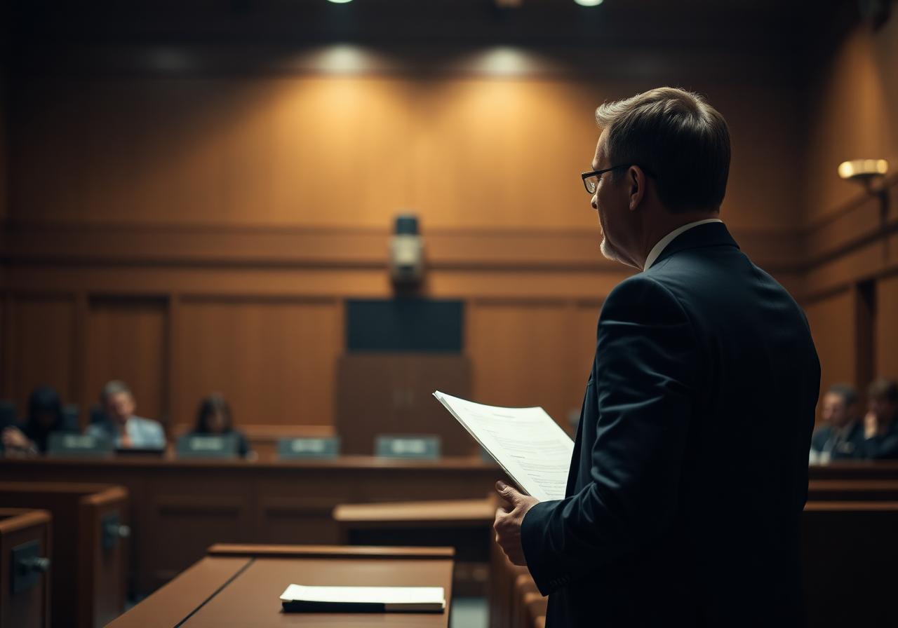 An attorney standing in front of a jury box in a Los Angeles courtroom giving a closing argument