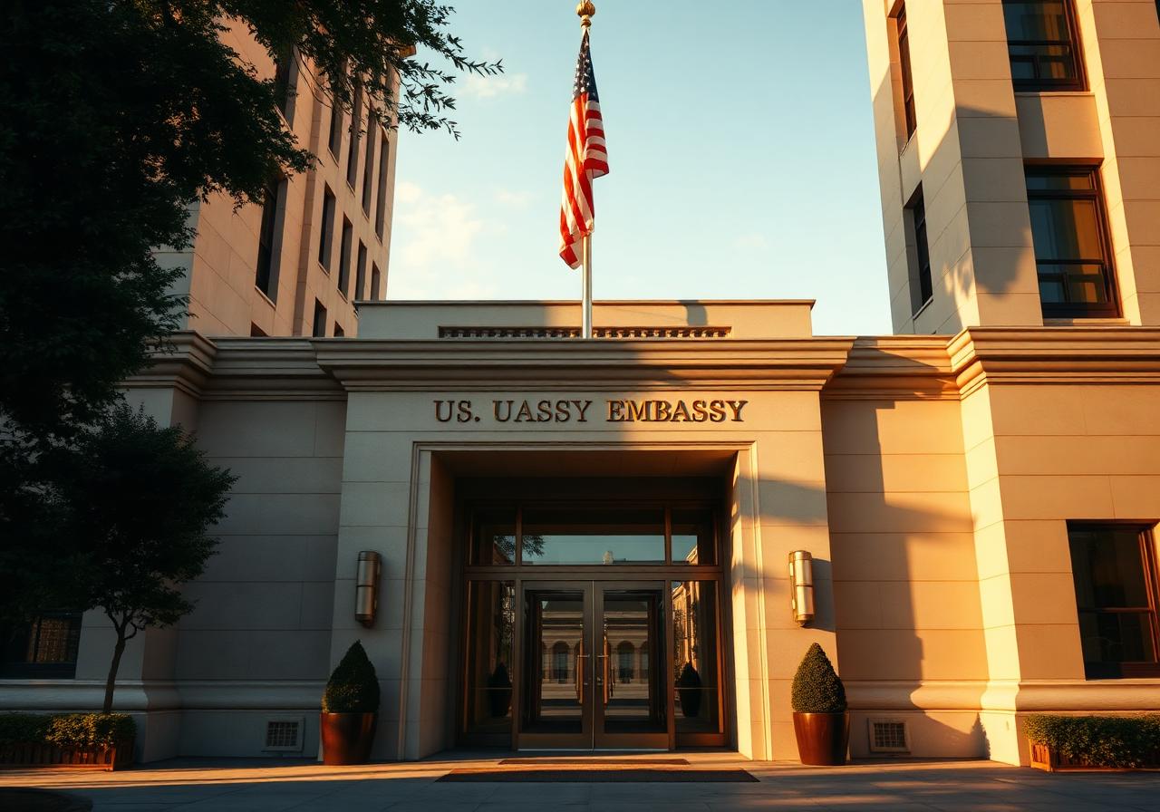 The columned entrance of a U.S. embassy with the American flag flying overhead at golden hour