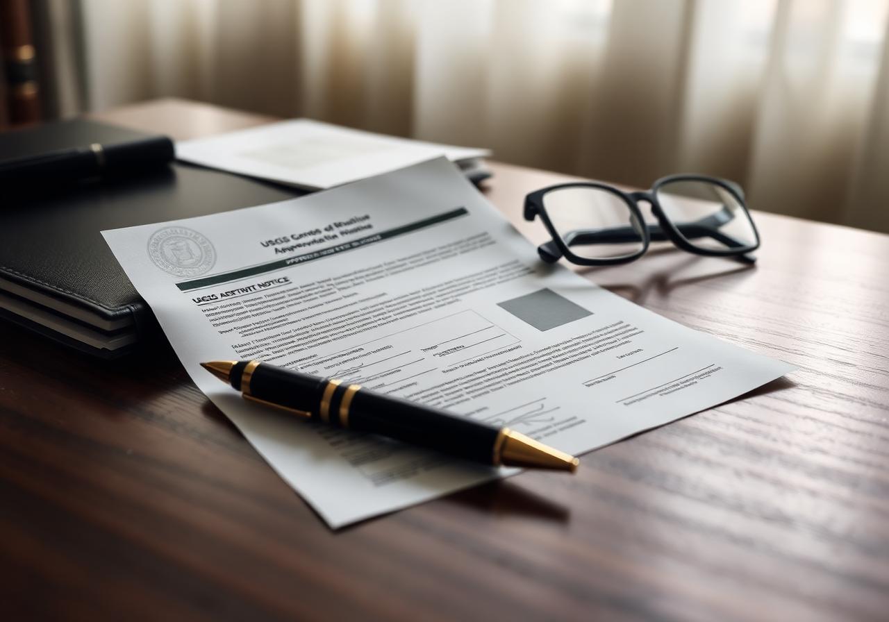A U.S. green card and approval notice on a polished walnut desk beside a fountain pen