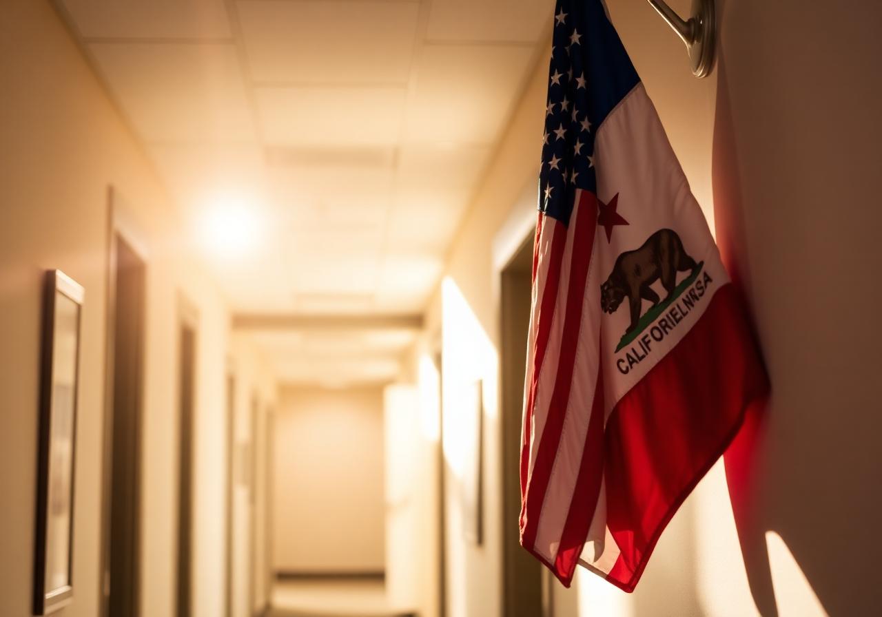An American flag and California state flag mounted side by side in a sunlit law office hallway