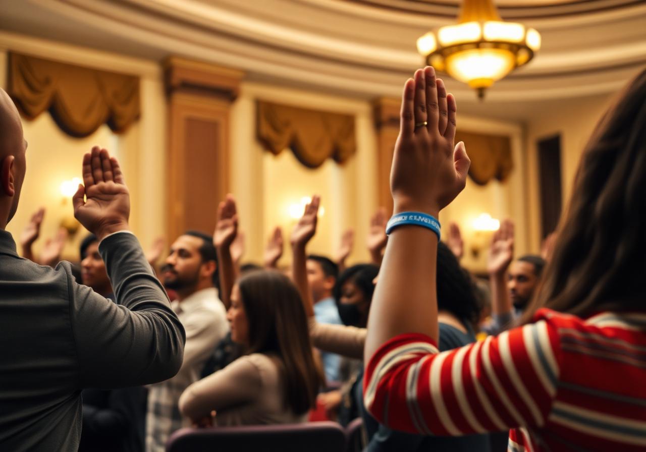 A diverse group of newly naturalized U.S. citizens raising their right hands during an oath ceremony