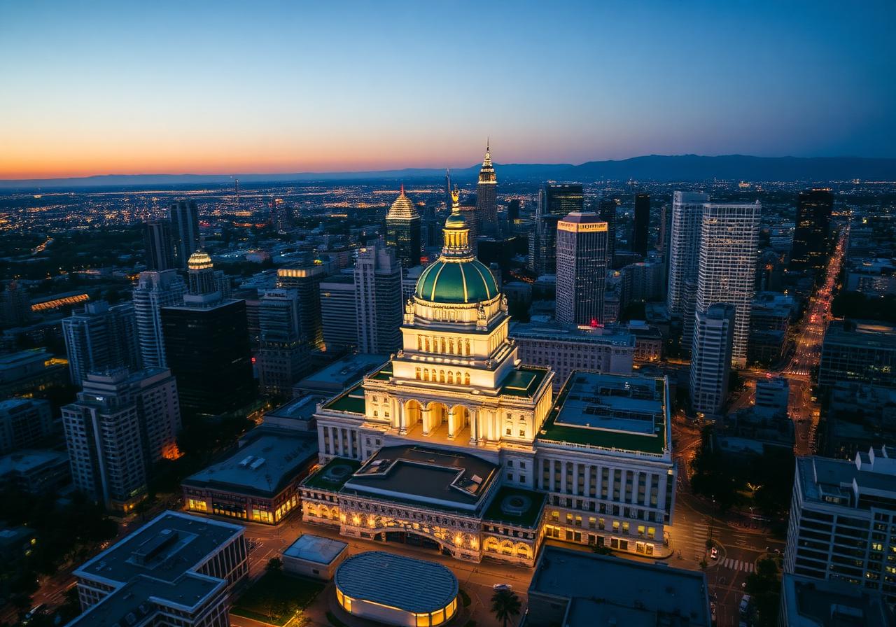 Aerial dusk view of downtown Los Angeles with the federal courthouse and city hall illuminated