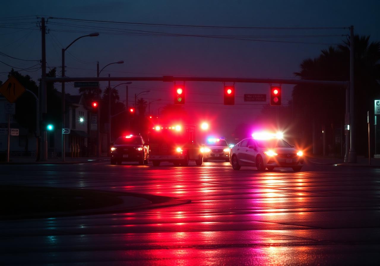 Emergency lights reflected on wet pavement at a Los Angeles intersection at dusk after a vehicle accident