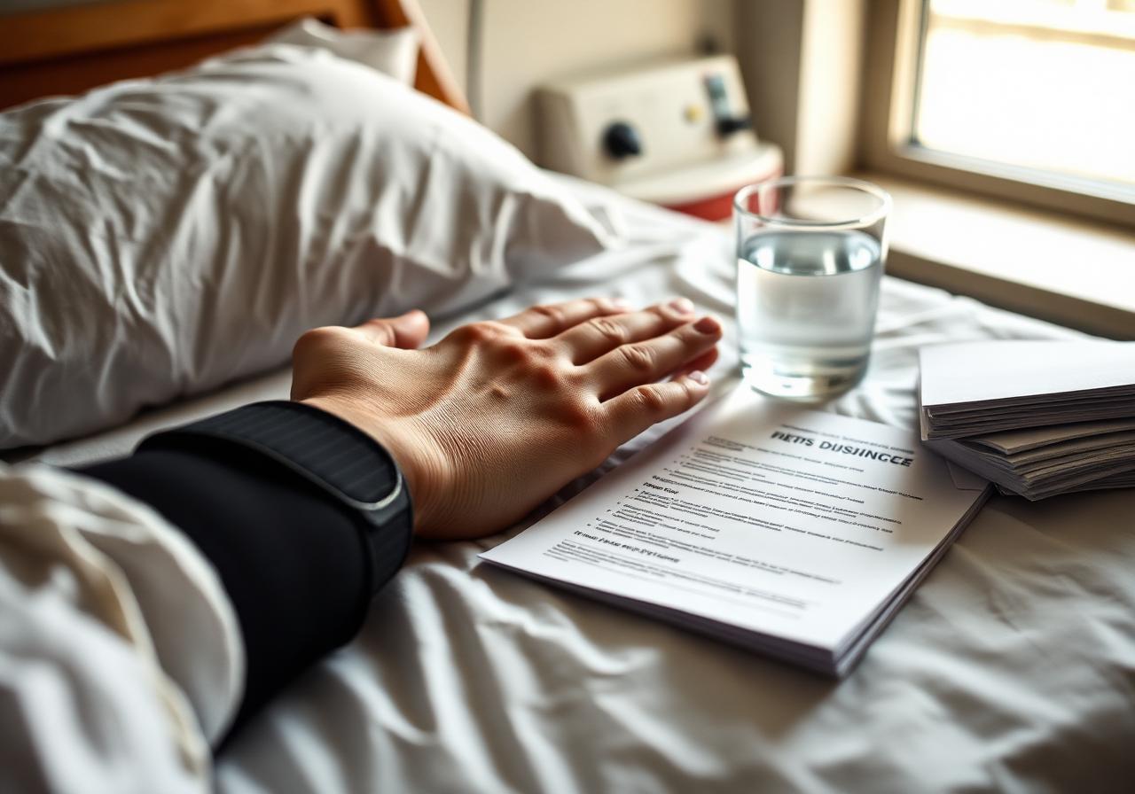 A person's hand resting in a wrist brace on a hospital bedside table beside discharge paperwork